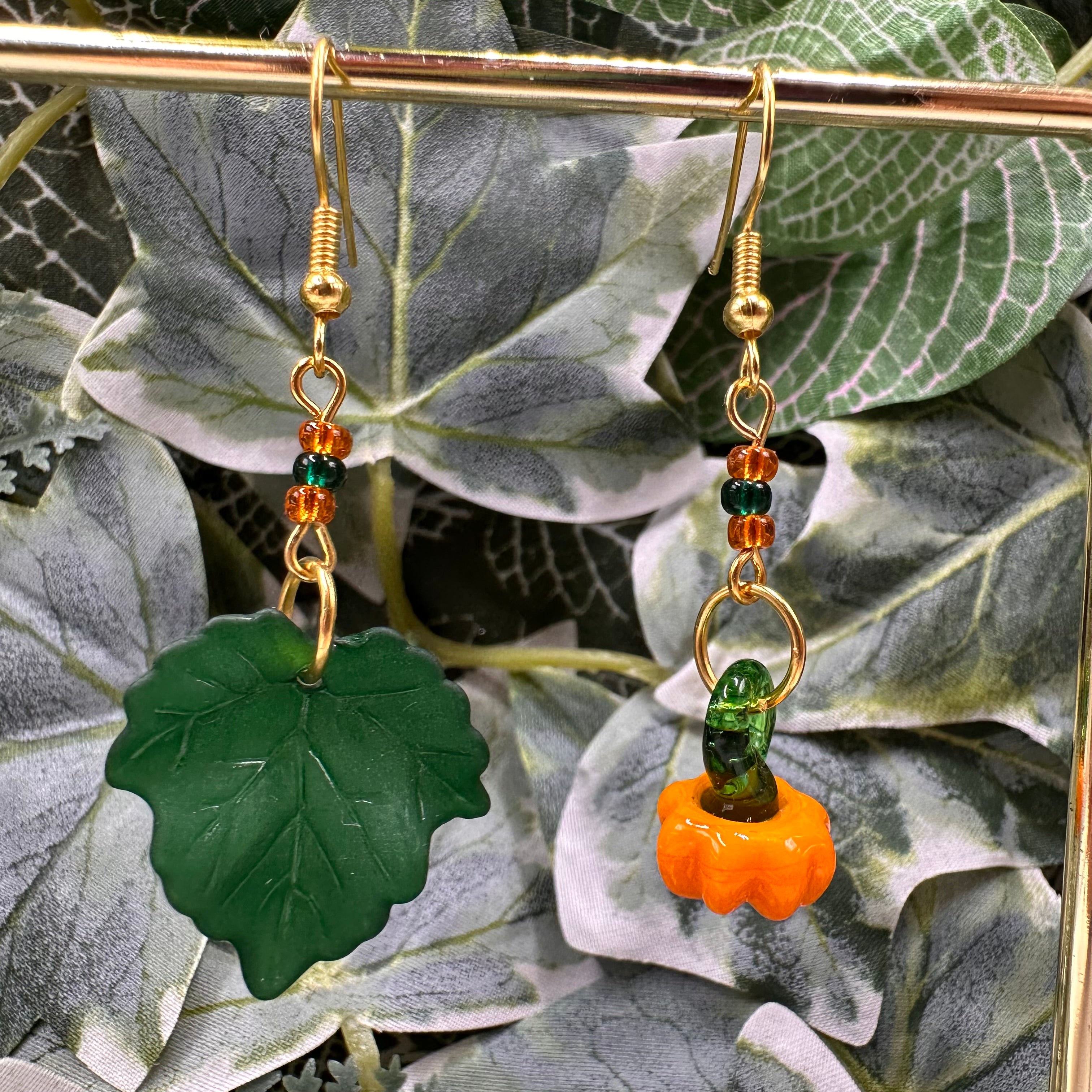 Glass Pumpkin & Green Leaf Beaded Charm Earrings
