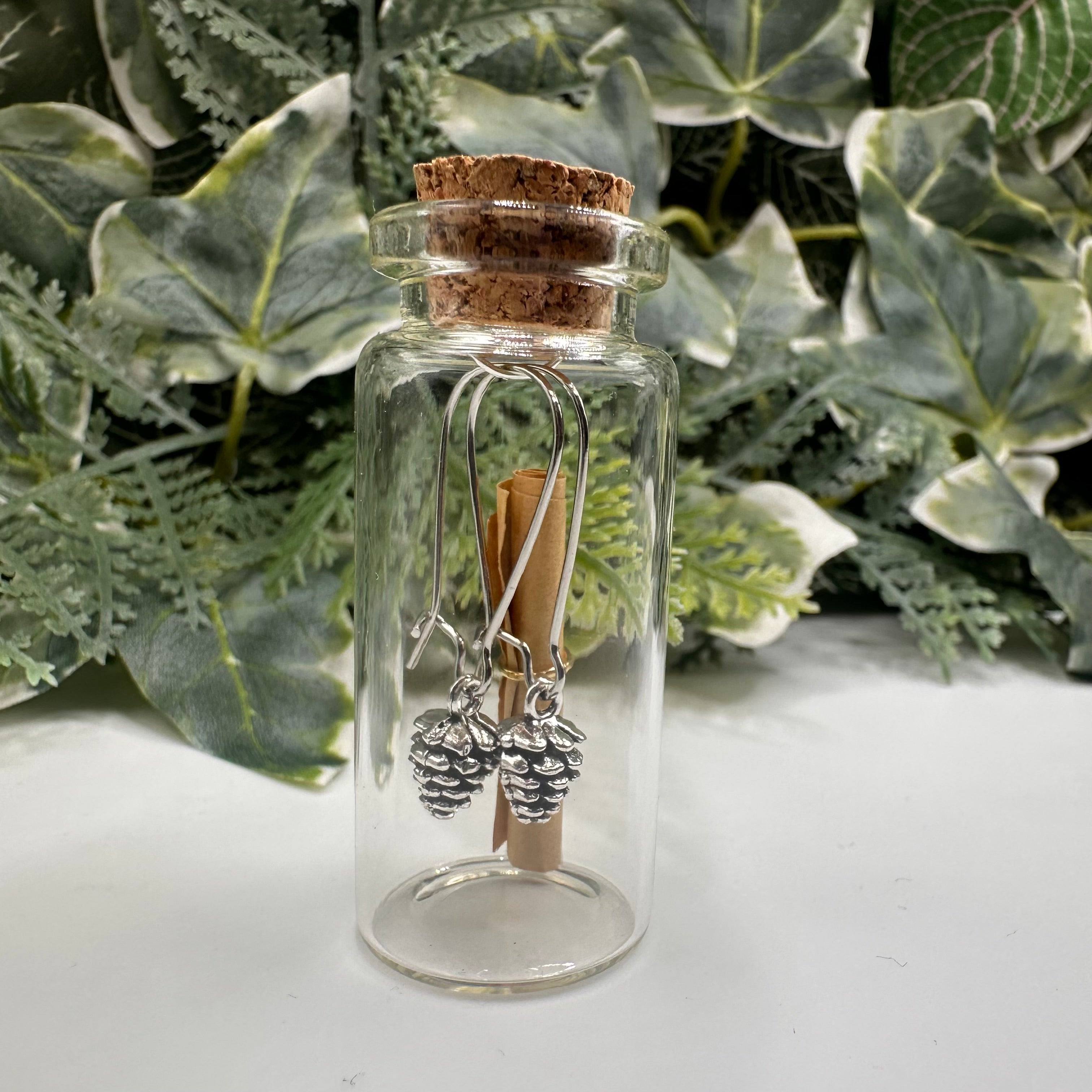 Silver Pinecone Bottled Charm Earrings