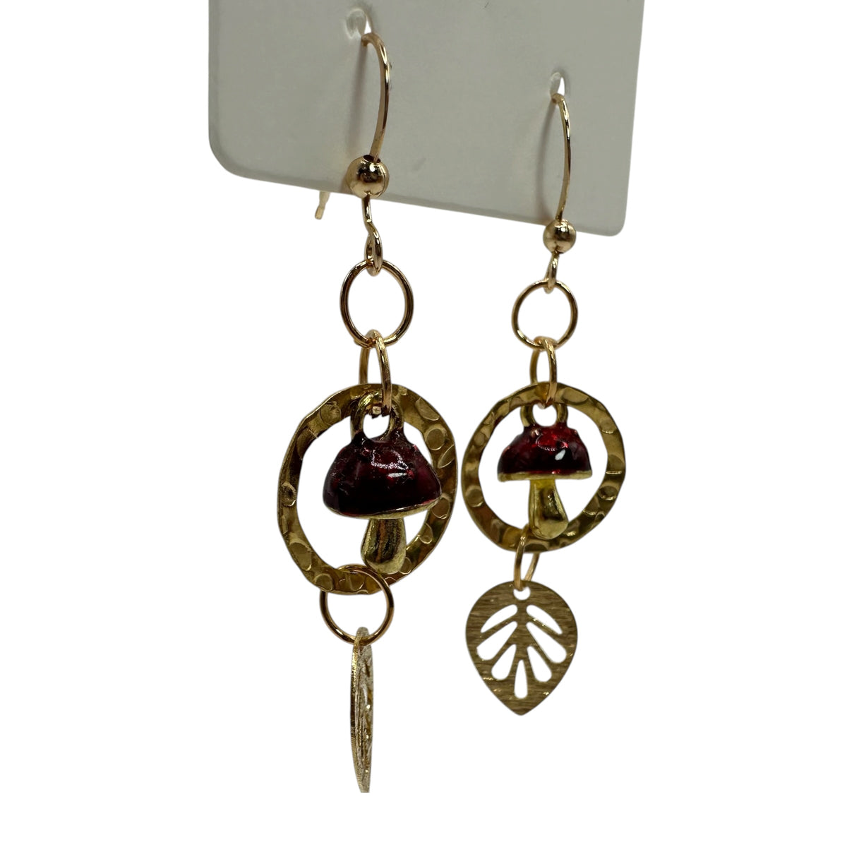 Fairy Ring Toadstool Earrings – champagne gold-tone toadstool and leaf charm earrings