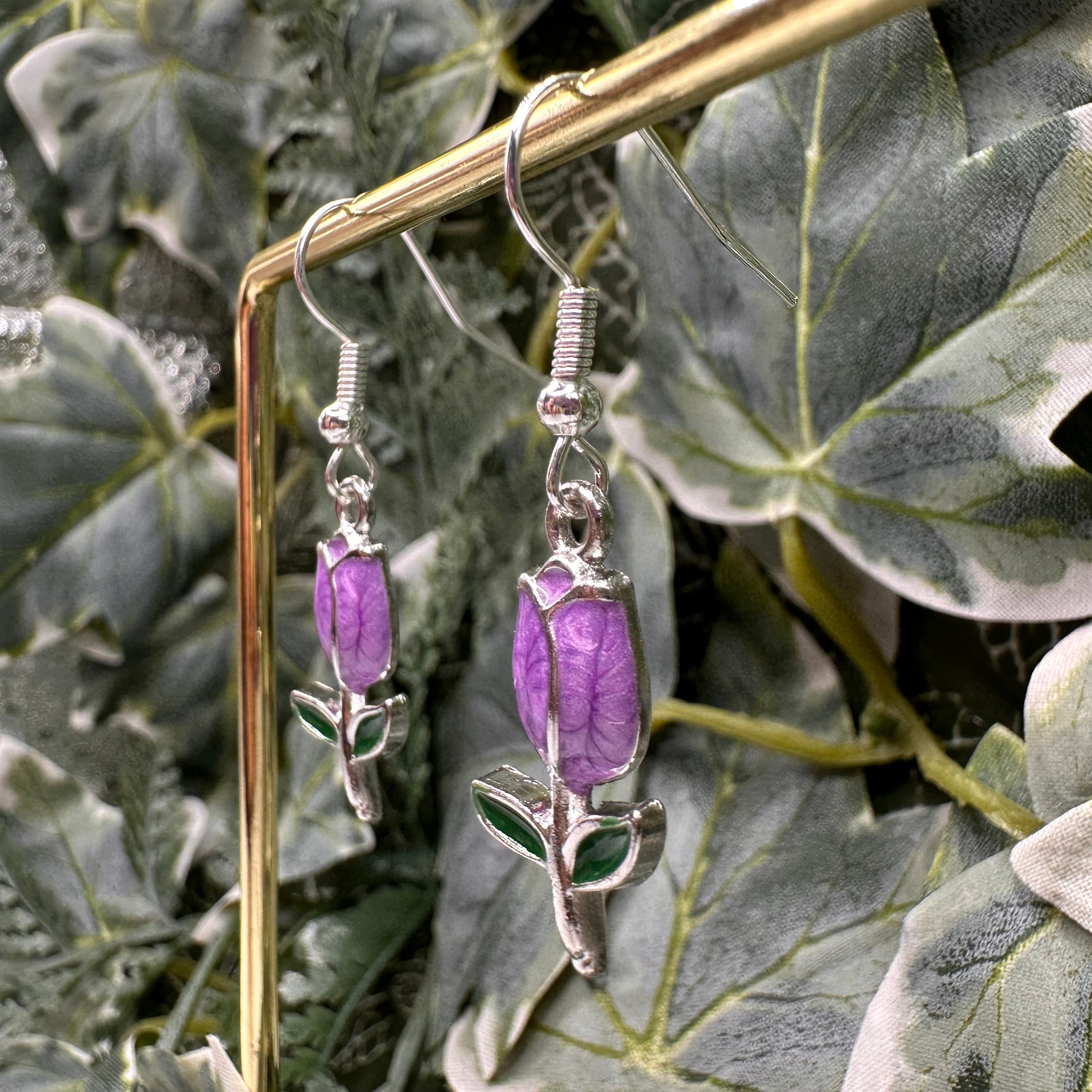 Purple & Silver Rose Charm Earrings