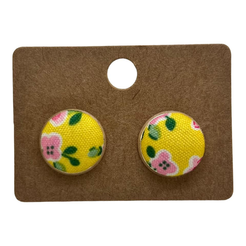 Yellow Floral Fabric Button Stud Earrings