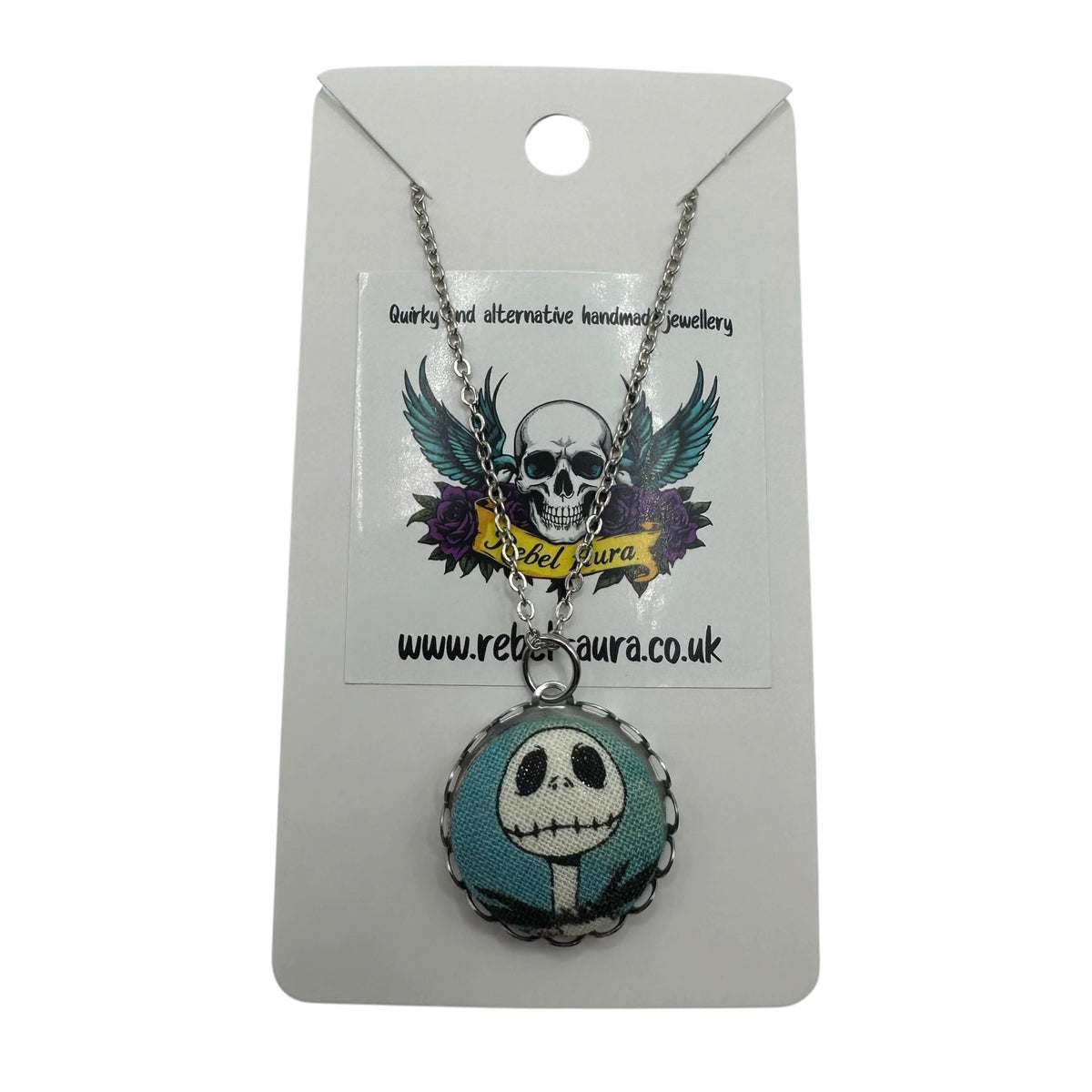 Nightmare Before Christmas Jack Skellington fabric button necklace on silver tone chain