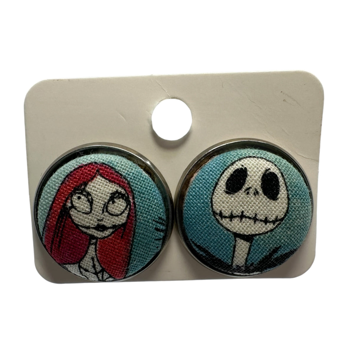 Jack Skellington and Sally Nightmare Before Christmas fabric button stud earrings, handmade UK jewellery
