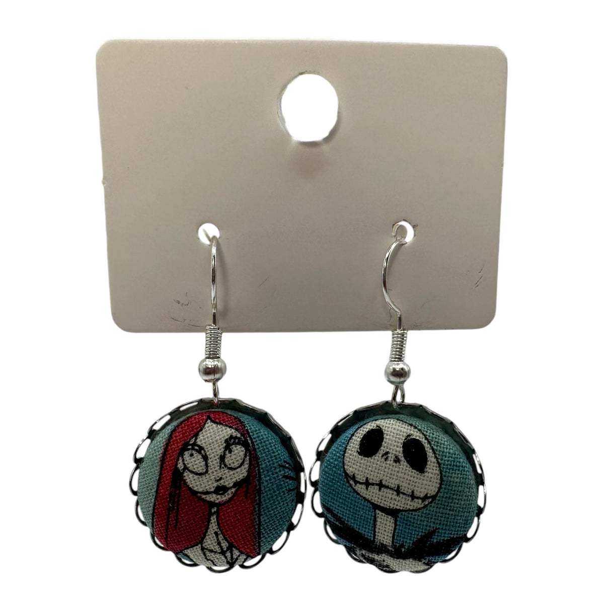 Nightmare Before Christmas Jack Skellington drop earrings, fabric button on silver tone hooks