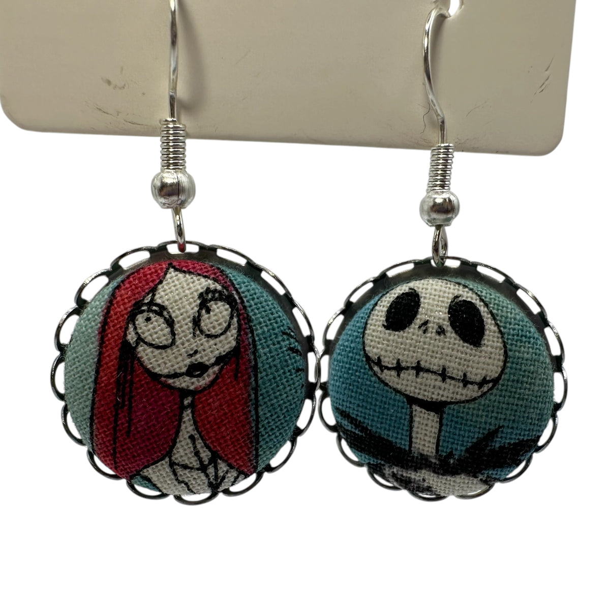 Nightmare Before Christmas Sally drop earrings, fabric button on silver tone hooks