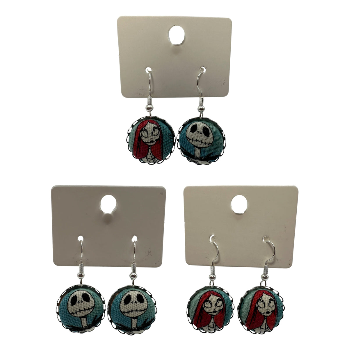 Jack Skellington and Sally Nightmare Before Christmas fabric button drop earrings, handmade UK jewellery